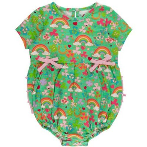 RuffleButts Baby Girls Knit Short Sleeve Bow Bubble Romper - Green Lucky Day, 0-3m
