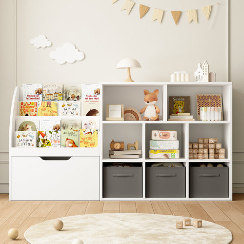Kids Toy Organizer and Bookshelf, 67" Storage with Drawers and 5 Cubbies, Playroom Reading Nook, Natral Wood | Wayfair