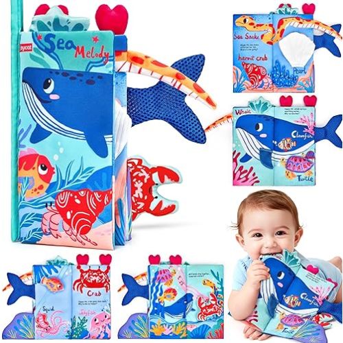 JoyCat Ocean Baby Books Toys 0-6 Months, Cloth Book Baby Shower Newborn Gifts for Boys Girls Stocking Stuffers, Touch and Feel Tummy Time Crinkle Cloth Book for Infant 0-3-6-12-18 Months