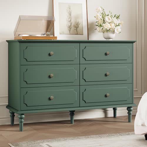 Dresser for Bedroom with 6 Drawers, 47" Vintage Chest of Drawers | Green Mid Century Modern Storage Chest with Embossed Design, Wood Closet Clothes Storage Organizer for Living Room, Entryway