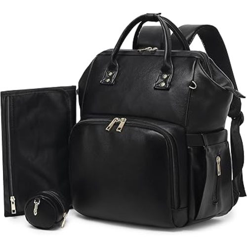 Premium Vegan Leather Diaper Bag Backpack with Waterproof Changing Pad – Reinforced Stitching & Zippers, Baby Bag for Boy Girl, Stroller Straps, Ergonomic Design for Traveling Moms, Black