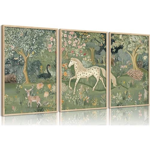 Vintage Woodland Animal Nursery Wall Art Magic Horse Bear Deer Poster Green Fantasy Forest Botanical Pictures Decor Fairy Tale Nature Painting Canvas Print Artwork for Kids Room Living Room, Unframed