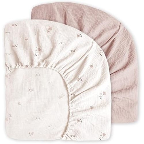 Little Grape Land Muslin Crib Sheets Fitted for Boys and Girls 2 Pack, 100% Cotton Baby Bed Sheets Soft Breathable, Neutral Fitted Baby Mattress Sheets for Standard Crib 52x28 inches, Fog Flower