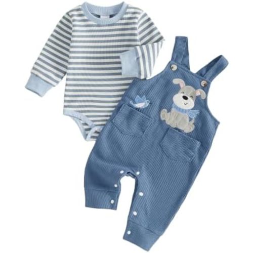 Newborn Baby Boy Fall Winter Clothes Striped Long Sleeve Romper Overall Pants Hat 3Pcs Set Cute Coming Home Outfit