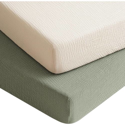 Konssy Muslin Crib Sheets for Boys, Soft Cotton Neutral Baby Sheets for Standard Crib Mattress 2 Pack, 52"x28" (Fog Green,Cream)
