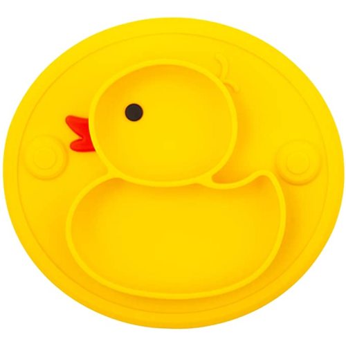 Linowos Silicone Divided Toddler Plates, Portable Non Slip Suction Plates for Children Babies and Kids BPA Free Baby Dinner Plate (Duck-Yellow) 1