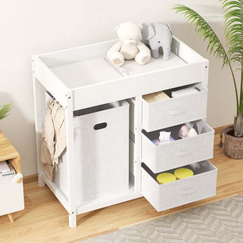 KORIMEFA Baby Changing Table with 3 Storage Drawers & Hamper , Portable Diaper Station, Space-Saving Nursery Organizer , Easy Assembly (White)