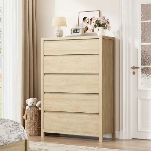 5 Drawer Dresser for Bedroom, 48" Tall Wooden Closet Dresser with Smooth Drawer, Large Tall Dressers & Chests of Drawers for Bedroom Living Room, oak