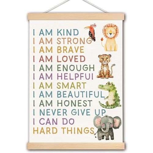Positive Affirmations Poster, I Am Kind I Am Strong I Am Brave Inspirational Quotes Wall Art With Wooden Poster Hanger, Boho Wall Art Decor for Kids Room Classroom Nursery Playroom, 12x16 Inches