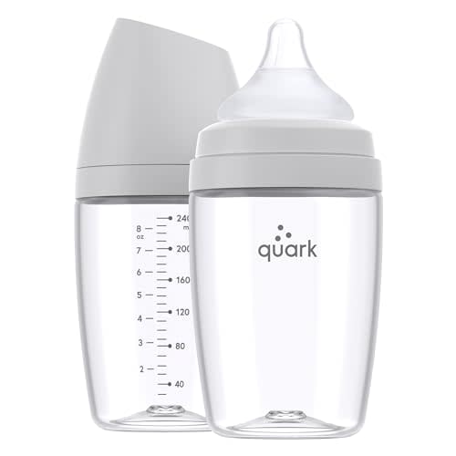BuubiBottle Max Slow Flow Bottle for Newborn Babies by Quark - with Anti-Colic RealFeel Nipple to Simulate Breastfeeding - BPA-Free, PVC-Free, Toxin-Free - 8 Oz Bottle with Lid, 2 Pack - Gray