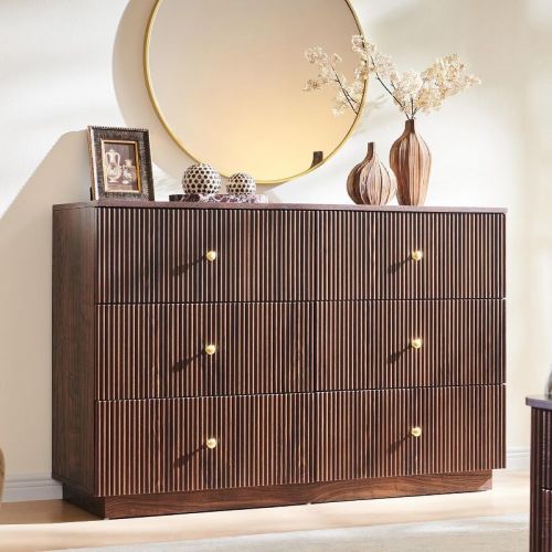 SinCiDo 6 Drawer Fluted Dresser, 47" Wide Wood Chest of Drawers with Deep Storage, Modern Storage Organizer for Bedroom, Living Room, Brown