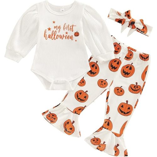 Baby Girl Halloween Outfit Infant Newborn Girl Long Sleeve Romper Flared Pants Headband Pumpkin Clothes Set