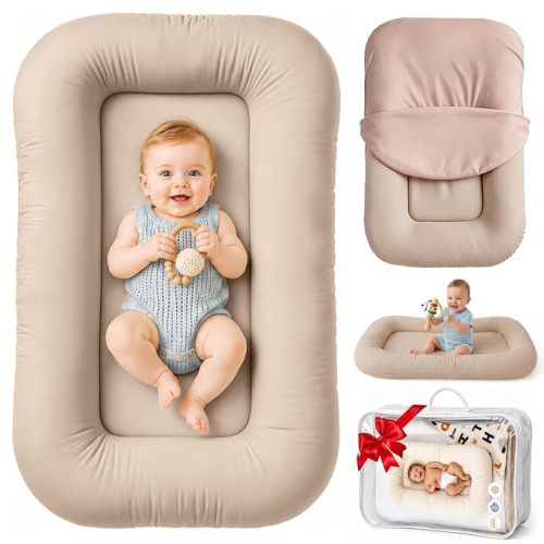 Infant Support Cushion & Baby Support Cushion for Newborn 0-24 Months, Breathable Cotton Pad, Supervised Use, Portable Infant Essentials for Travel and Home, Brown (Cover Included）