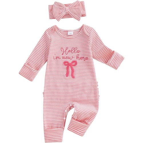 FIOMVA Im New Here Newborn Outfit Girl Long Sleeve Letter Romper Ribbed Knit Jumpsuit Baby Girl Preemie Coming Home Outfit