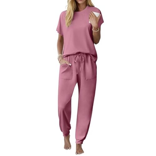Ekouaer Womens Pajama Sets 100% Cotton Pjs 2 Piece Jogger Pants Lounge Sets | Soft breathable cotton fabric, relaxed fit crew neck loungewear set, ideal for home relax and casual outings