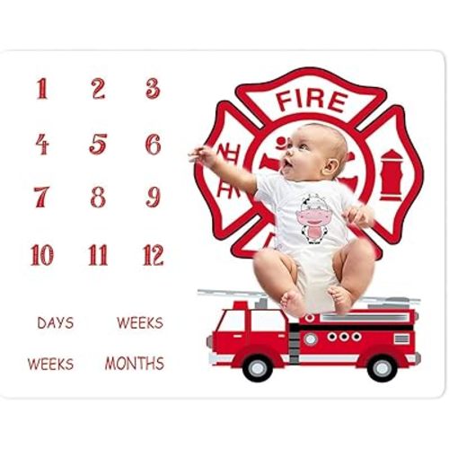 SXCHEN Baby Monthly Milestone Blanket 1 to 12 Months Premium Extra Soft Fleece Best Photography Backdrop Prop for Newborn Boy & Girl for Baby Shower Fireman Red Fire Truck