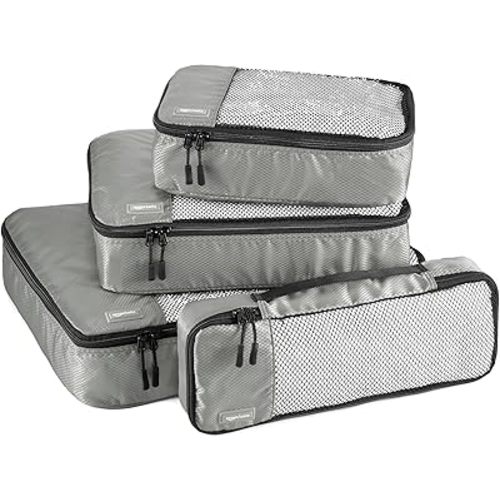 Amazon Basics Lightweight Packing Cubes Travel Organizer Set with Double Zipper, Mesh Top, Multiple Sizes, 4 Piece, Gray