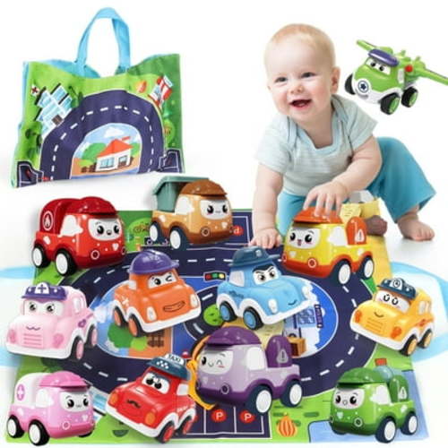 Mini Car Toys for 1 Year Old Boy,12PCS Pull-Back Trucks with Play Mat & Storage Bag for Toddlers Age 1-3, Baby Toys 12-18 Months, Infant Toy Birthday Present for Boy Girl Age 2