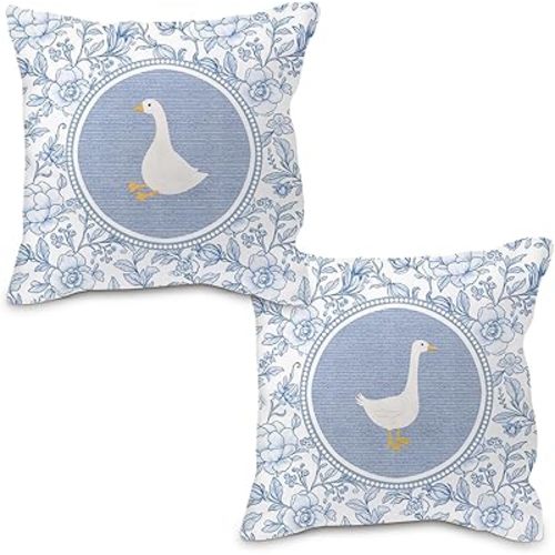 Blue and White Chinoiserie Goose Pillow Covers 18x18, Goose Nursery Decor, Grandmillennial Floral Geese Decorative Throw Pillow Case Covers for Baby Little Girls Room Bedroom, Set of 2