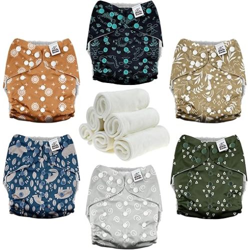 Mama Koala 3.0 Cloth Diapers for Babies with AWJ Lining, 6 Pack with 6 Natural Cloth Diaper Inserts - Reusable and Washable Pocket Diapers (Natural Elements)