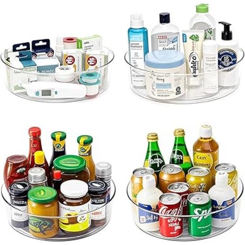 4 Pack Lazy Susan 11.5" Inch Turntable Organizer Organization Storage Container Bins Spice Rack Cabinet Rotating Condiment for Pantry Countertop Kitchen Vanity Bathroom Jewelry Holder Clear