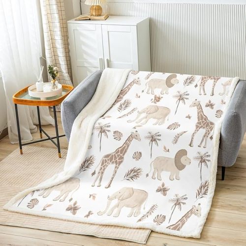 Feelyou Safari Animal Sherpa Blanket Kids Boys Girls Elephant Lion Giraffe Fleece Throw Blanket 40x50 Inches Jungle Animals for Sofa Bed Couch Hunter Brown Rust Wildlife Room Decor