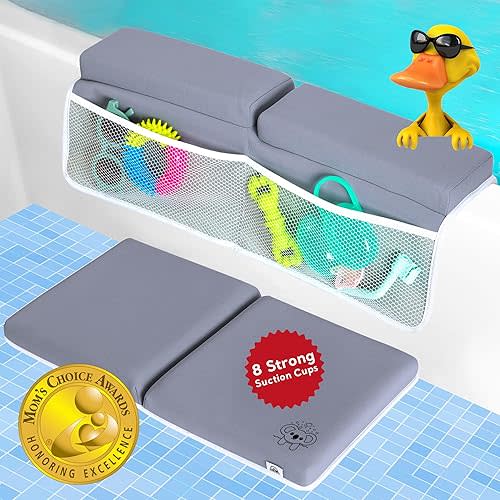 Baby Bath Kneeler and Elbow Rest Pad Set | 1.5 Inch Kneeling and Elbow Pad for Bathtub | 8 Strong Suction Cups | 3 Mesh Pockets for Toys, Bath Accessories | Quick Drying Fabric (Gray)