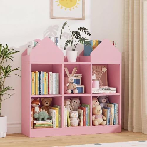 House-Shaped Kids Bookshelf, Kids Dollhouse Bookcase and Toy Storage Organizer, Cabinet