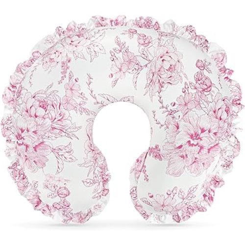 DILIMI Nursing Pillow Cover, Removable Ruffled Pillowcase for Breastfeeding Pillows, Ultra Soft Comfortable Slipcover for Baby Girl and Boy, Pink Floral