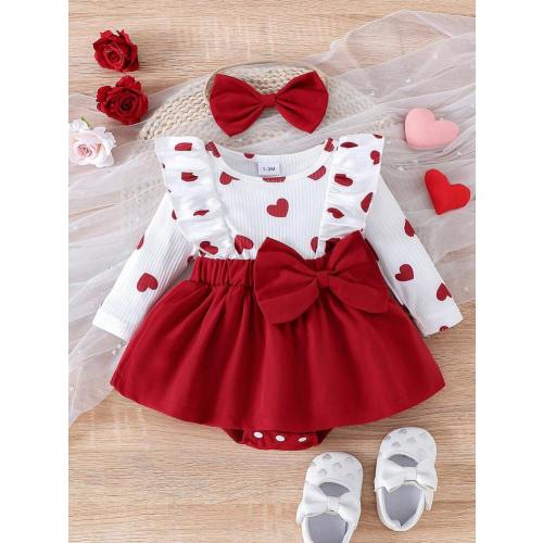 Baby Girl Heart Printed Dress With Bowknot Decorated Skirt, Bodysuit With Headband Set | SHEIN USA