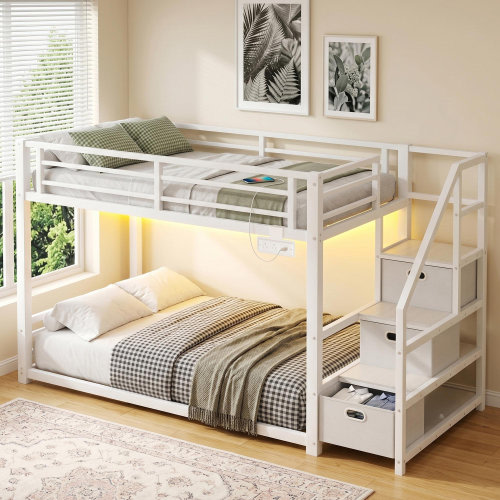 Latitude Run® Twin Over Twin Bunk Bed with Storage Stairs, Metal Bunk Bed Frame with LED Light and Charging Station & Reviews | Wayfair