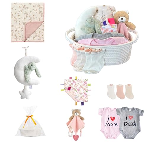 CREVENT Gift Set for Girls Boys -Diaper Caddy Organizer Basket with 1 Blanket, 1 Taggie, 1 Lovey, 3 Socks,2 Baby Bodysuits, 1 Crib Mobile, 1 Gift Bag - Newborn Essential