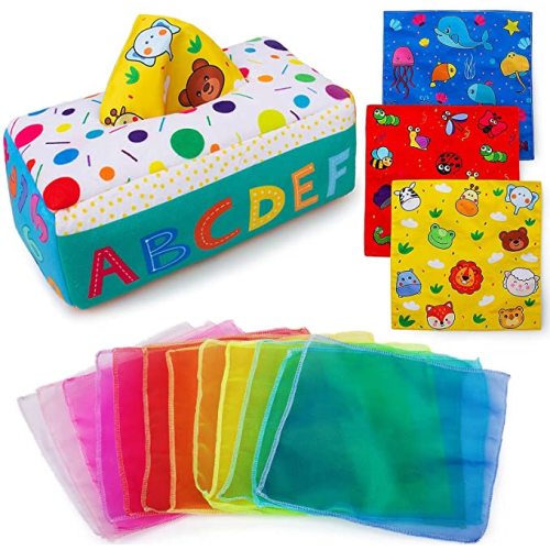teytoy My First Baby Tissue Box, Soft Stuffed High Contrast Crinkle Montessori Square Sensory Toys Juggling Rainbow Dance Scarves for Toddler, Infants, Newborns and Kids Educational Preschool Learning