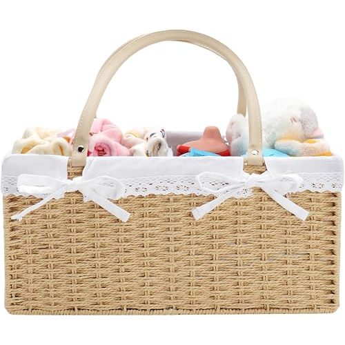 Large Baby Diaper Caddy Basket - Wicker Paper Rope Storage Baskets Portable Woven Car Organizer for Diapers With Cotton Divider Brown