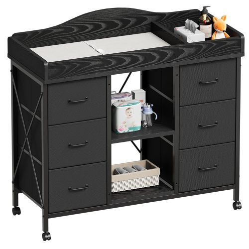 Yetom Changing Table, 6-Drawer Baby Dresser with Changing Table top,Waterproof Diaper Changing Station & Pad, 2 Height-Adjustable Open Storage Shelves, Mobile Nursery Organizer, Black