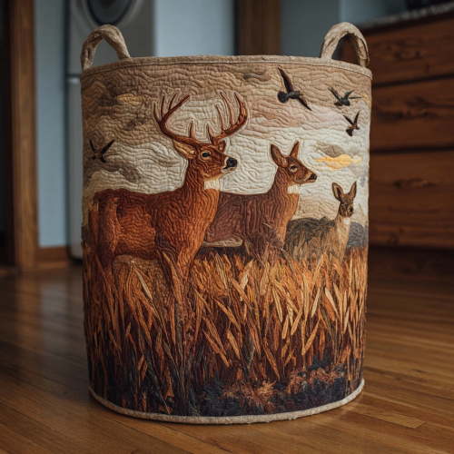 Deer Wild Grass Quilted Laundry Basket