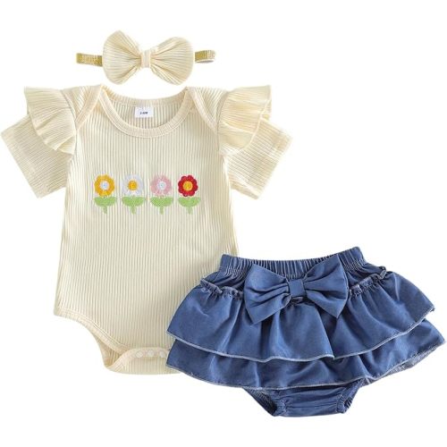 fhutpw Newborn Baby Girl Clothes Ribbed Sleeve Romper Top Leopard Ruffle Shorts Bow Headband Infant Summer Outfits 0-18M