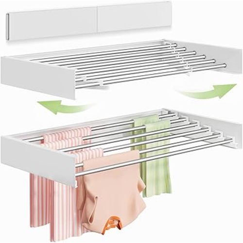 Wall Mounted Clothes Drying Rack 40 inches, Foldable Wall Mount Laundry Rack Folding Indoor, Drying Rack Clothing Collapsible, Hidden Space Saver with Wall Template, 6 Rods, White