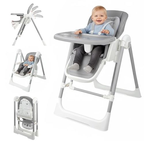 High Chairs for Babies and Toddlers Convert to Baby Swings Foldable High Chair Adjustable Convertible with Reclining Seat & Leg Rest, 3-in-1 with Tool-Free Assembly (Grey)