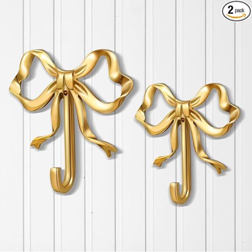 Lineshading 2 Pcs Gold Bow Wall Hooks Brass Coquette Bow Hooks for Coats Hats Bags Bath Towels Robes Vintage Room Decor Office Kitchen Hallway Bathroom Nursery Decorations (L+S)