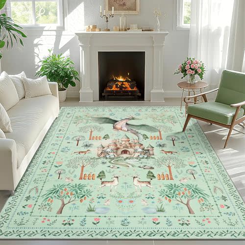 nesrt Washable Area Rugs 6x9ft for Living Room Bedroom, Green Animal Printed Dragon Rugs, Soft Large Botanical Forest Nursey Playroom Floor Carpets for Dining Room Farmhouse Home Office Holiday Decor