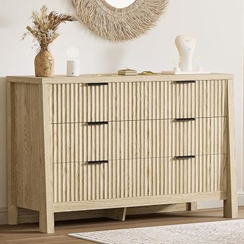 LIKIMIO Fluted 6 Drawers Dresser for Bedroom, 47" Wide Modern Chest of Drawers Closet Dressers, Wooden Dresser Storage Organizer (Natural Oak)