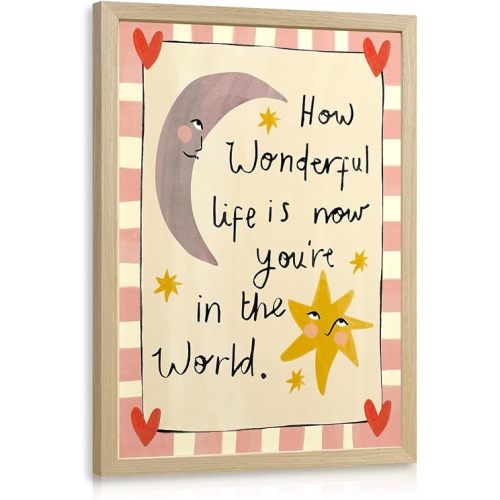 VziizV Inspirational Nursery Wall Art, How Wonderful Life Is Now You're In The World Decor, Cute Moon and Star Print, Colorful Motivational Quote Artwork for Kids Room Bedroom Wood Framed 12x16 Inch