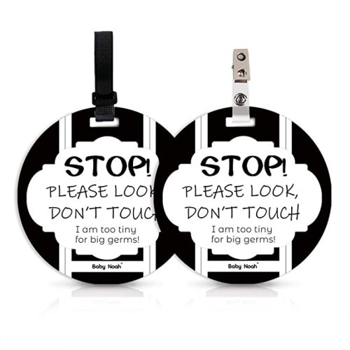 No Touching Newborn Baby Car Set Sign or Stroller Tag, Do Not Touch Baby Sign for Baby Girl, Baby Preemie Gender Neutral No Touch Safety Sign with Hanging Straps and Clip (Black and White, 2 Pack Set) - Black & White