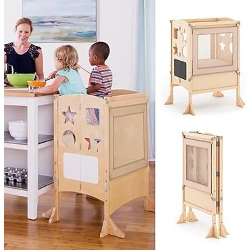 Guidecraft Classic Kitchen Helper® Stool with 2 Keepers - Double Wide: Adjustable Height Step Stool for Kids, Children Furniture