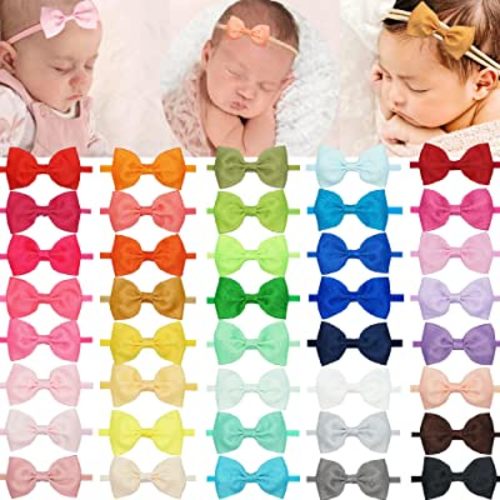 CÉLLOT 40 Colors Baby Bow Headbands 2.75" Hair Bows Super Soft Nylon Headbands for Baby Girls Infants preemie and Newborn Kids Hair Accessories