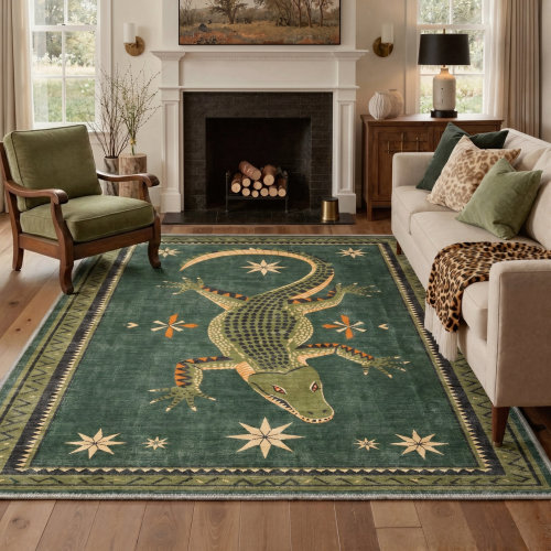 Bungalow Rose Reptilia Animal Print Machine Washable Green Indoor Area Rug with Non-Slip Backing | Wayfair