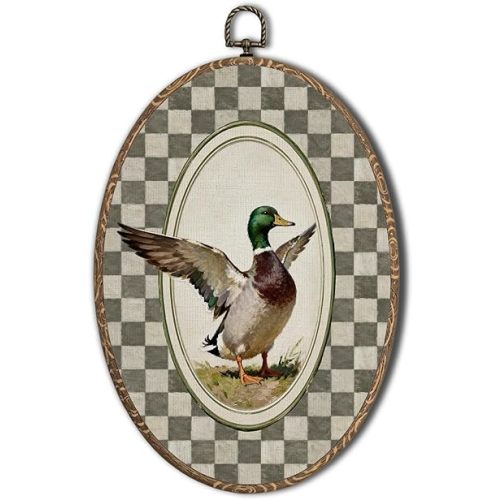 Saikociju Checkered Mallard Duck Nursery Oval Wall Art Decor, Grey and White Plaid Duck Framed Hanging Wall Prints Artwork for Boy Nursery Kids Room Playroom Home Decorations, 8.5x11.5 Inch