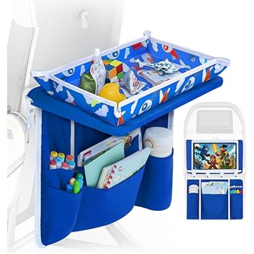 Adjustable Kids Airplane Tray Cover with Pocket Organizer, Snack & Toy Pockets, Toddler Airplane Travel Essentials, Travel Tray for Plane Train, Clear Touch Tablet Pocket, Carrying Strap, Plane Print