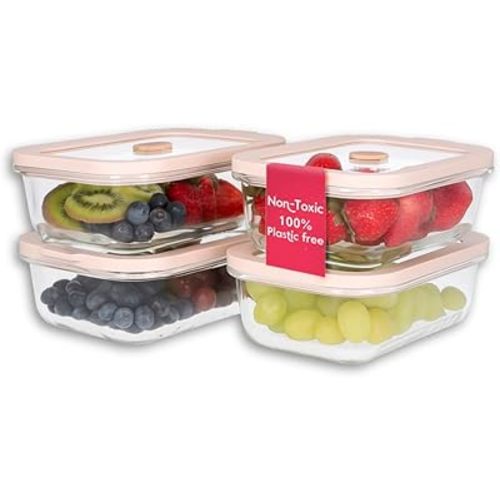 Ziruma Non-Toxic 2.6 Cup Glass Food Storage Containers With Lids - Soup Containers with Lids, Plastic Free Meal Prep, Airtight Food Container, Microwave and Freezer Safe, 4 Pack